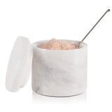 white marble salt cellar with lid and spoon