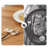 White onyx marble chopstick rests used as knife rest and fork rest on wooden dining table beside pasta dish — marble knife rest keeps cutlery off table surface compared to cutlery resting directly on plate — natural stone dining accessory by Speshstones
