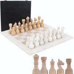 Marble Chess Set 15 Inch — White Marble & Travertine Tournament Chess Set with Storage Case & 2 Extra Queens
